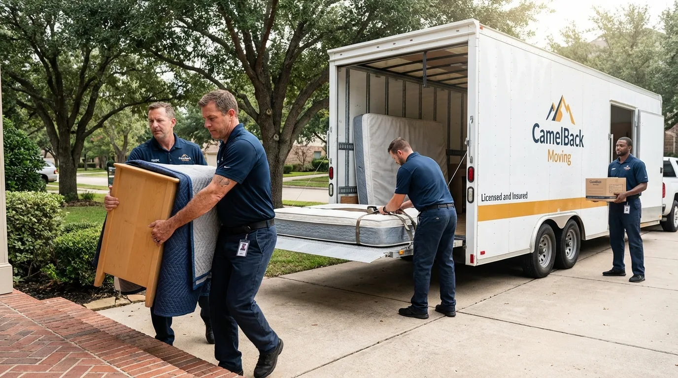 Crew loading residential truck for cross-state move from Gorman, TX