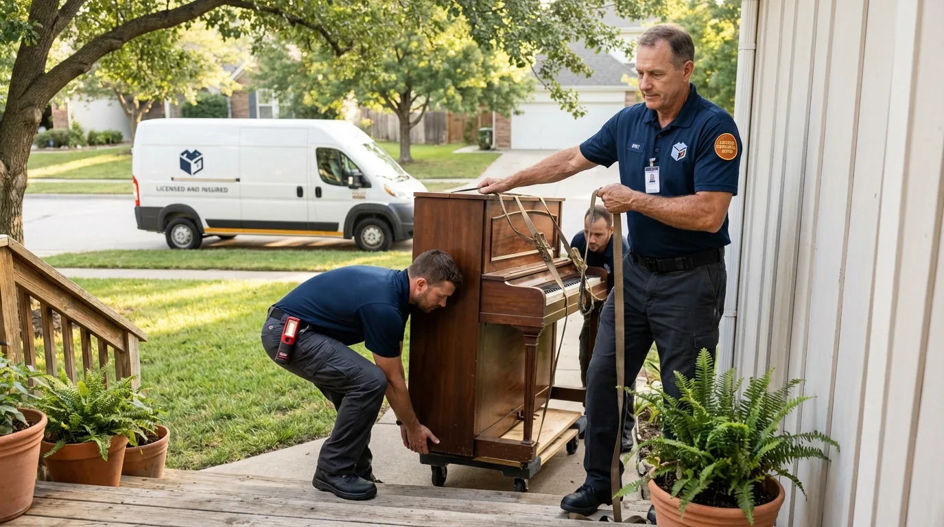 Licensed piano movers securing grand piano in Gorman, TX
